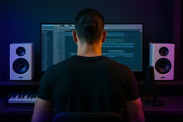 Music producer working at a digital audio workstation with studio monitors and FL Studio interface