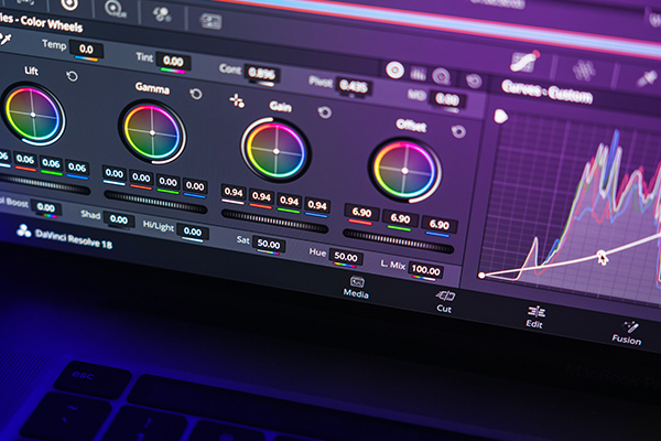 Close-up of a professional video editing interface with color grading controls in DaVinci Resolve