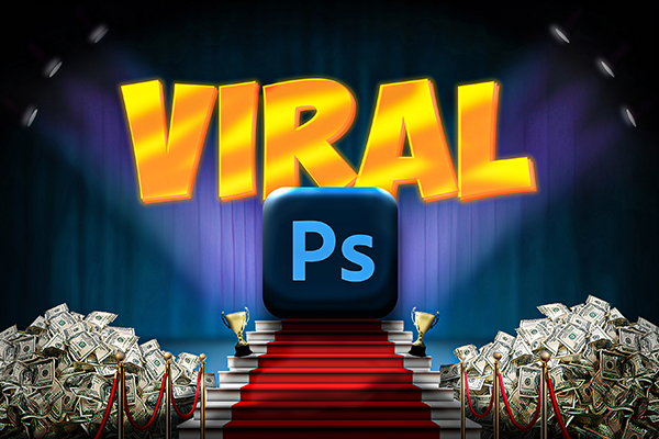 Photoshop logo on a red carpet stage with trophies and money piles, symbolizing viral graphic design